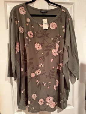 Lane Bryant Olive Floral Scoop Neck Tunic with Pink Roses